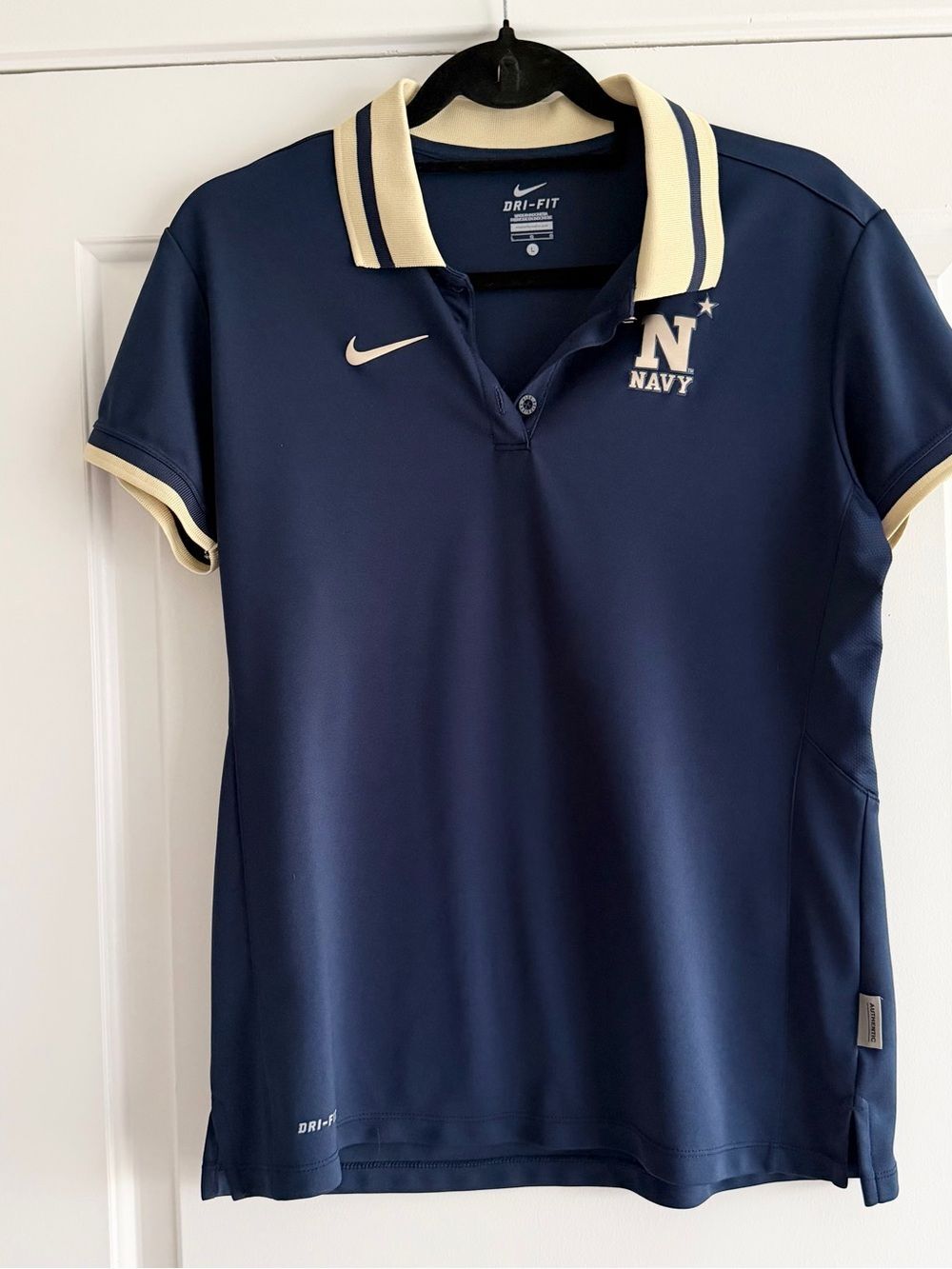 Nike Navy Blue Polo with Cream Trim and Navy 'N' Logo Women's Large